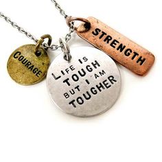 Life is tough but I am tougher empowerment necklace. Courage, strength, and "life is tough but I am tougher" charms adorn a sleek silver chain to make this inspirational Stamped With Love necklace. This piece is for a woman who has overcome some of life's toughest challenges. This empowering necklace is commonly given to cancer survivors as a symbol of their unprecedented strength or to women who simply refuse to be defeated. Cancer Awareness Jewelry Message Necklace, Awareness Jewelry, Necklace Quotes, Life Is Tough, Brass Antique, Charm Chain, Crescent Moon Necklace, Anniversary Jewelry, Valentines Jewelry