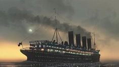 a large boat floating on top of the ocean next to a moon filled sky at night