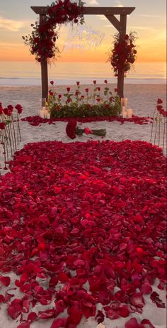 an outdoor ceremony setup with flowers and candles on the beach at sunset or sunrise time