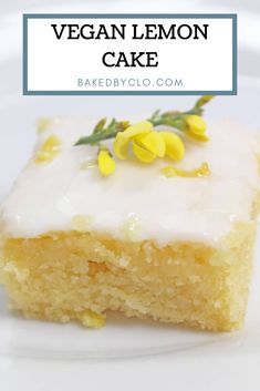 a close up of a piece of cake on a plate with the words vegan lemon cake