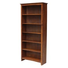 an empty wooden bookcase against a white background