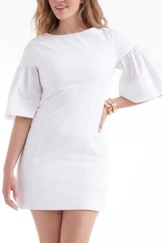 Structured simplicity and timeless details come together in the Magdalena. A form-fitting bodice, leggy hemline, and voluminous sleeves bring feminine, classic glamor to each event. Flounce Dress, Voluminous Sleeves, Flounced Dress, Short Sleeve Mini Dress, Come Together, South America, Bodice, White Dress