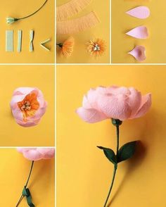 the process of making flowers with paper and scissors is shown in several different stages of development