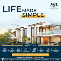 a flyer for a residential project with an image of two large houses and the words life made simple