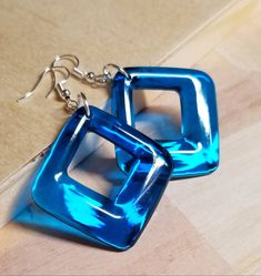 Earlobe Earrings, Blue Drop Earrings, Rainbow Jewelry, Long Beaded Necklace, Blue Hand, Hippie Jewelry, Geometric Jewelry, Blue Square, Square Earrings