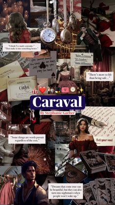 a collage of images with the words caraval in different languages and pictures