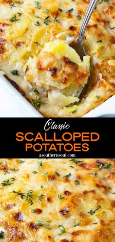 a casserole dish with potatoes in it and the title below reads classic scalloped potatoes