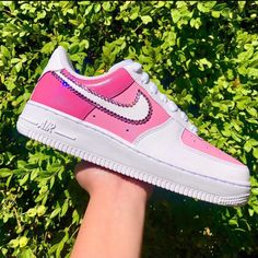 Custom Painted Nike Air Force 1s Painted With Angelus Leather Paint Finished And Sealed With Angelus Finisher (Waterproof) Hotline Bling Design > 2-Tone Pink + Pink Rhinestones Around The Swoosh All Sizes Available (Womens, Men’s And Kids) Processing Time: 1-2 Weeks Follow And Message Me On Ig For A Cheaper Price: @_lacedbylee White Custom Rhinestone Sneakers For Streetwear, White Custom Sneakers With Rhinestones For Streetwear, White Rhinestone Custom Sneakers For Streetwear, White Rhinestones Custom Sneakers For Streetwear, Sporty Pink Sneakers With Rhinestones, White Rhinestone Sneakers For Streetwear, Painted Nike Air Force, Painted Nikes, Pretty Sneakers