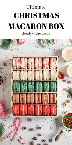 christmas macaroons in a wooden box surrounded by candy