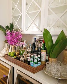 a tray with bottles and glasses sitting on top of a counter next to a potted plant