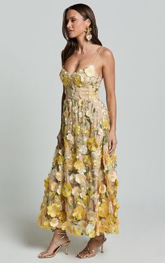 Amalie The Label - Mia Strappy Flower Detail Midi Dress in Yellow Summer Midi Dress With Floral Applique, Summer A-line Midi Dress With Floral Applique, Summer Floral Dress With Applique For Garden Party, Floral Applique Dress For Summer Garden Party, Summer Floral Applique Dress For Garden Party, Spring Wedding Dresses With Floral Applique, Beige Floral Embroidered Midi Dress For Spring, Summer A-line Dress With Floral Applique, Spring A-line Midi Dress With Floral Embroidery