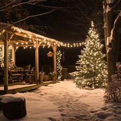 a lit christmas tree in the middle of a snow covered yard with lights on it