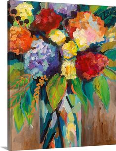 a painting of colorful flowers in a vase