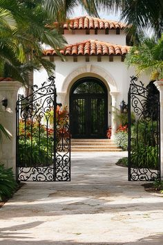 an entrance to a home with wrought iron gates and palm trees in the foreground