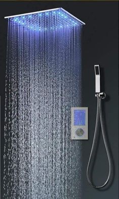 the shower head with blue lights on it