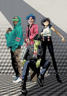 three anime characters are standing in front of a wall, one is wearing green and the other has blue hair