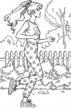 a girl running in the park coloring page