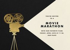 a black and white movie poster with a gold film projector on it's side