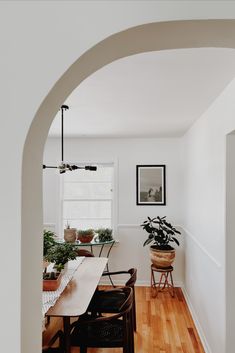 A window cut out peering into a dining room with a bunch of different potted plants and textures. On the wall is a framed photo in a thick black frame. Maximalism Dining Room, Potted Plants