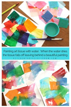 the instructions for painting with tissue paper and watercolors are shown in three different ways