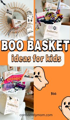 there is a basket with halloween items in it and the words boo basket ideas for kids