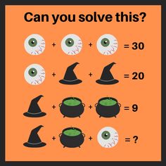 an orange poster with the words can you solve this? and two witches'hats