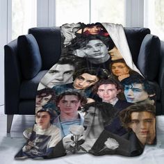 a blanket with many photos of the same person on it in front of a couch