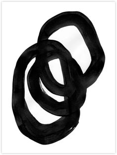 an abstract black and white painting with circles in the shape of two intersecting rings on a white background