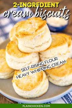 two ingredient cream biscuits on a plate with text overlay