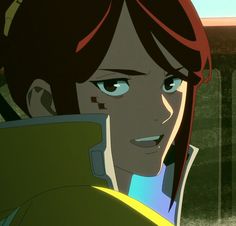 an animated image of a woman with red hair and blue eyes looking off into the distance