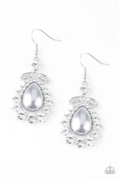 Gradually increasing in size near the center, glassy white rhinestones join around a pearly silver teardrop center. A solitaire white rhinestone and leafy silver frame crown the top of the frame for a glamorous finish. Earring attaches to a standard fishhook fitting.

 Sold as one pair of earrings. Fish Hook Earrings, Paparazzi Accessories, White Rhinestone, Paparazzi Jewelry, Jewelry Business, Silver Pearls, Silver Frame, Matching Earrings, Pearl White