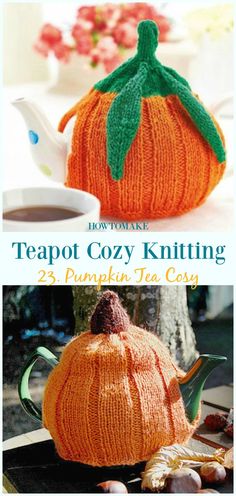 teapot cozy knitting pattern for pumpkin tea cosy with text overlay that reads,'teapot cozy knitting '