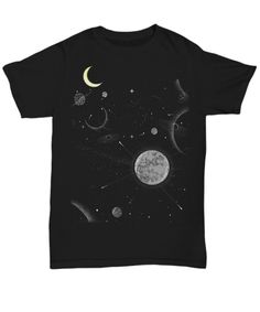 - Printed, Made, And Shipped From The USA.  - Double-needle stitched. Black Cotton Space-themed T-shirt, Black Short Sleeve Space-themed Tops, Black Cotton T-shirt With Space Theme, Celestial Moon Print Crew Neck T-shirt, Space-themed Graphic Crew Neck Tops, Celestial Short Sleeve Cotton Tops, Celestial Cotton T-shirt With Crew Neck, Celestial Style Cotton Tops With Short Sleeves, Space-themed Short Sleeve T-shirt With Screen Print