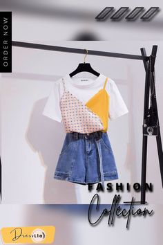 Fashion Colorblock Tee+denim Shorts P11539 Sharp Scissors, Collar T Shirt, Color Block Tee, Collar Tshirt, Round Collar, Jeans Pants, Color Blocking, Denim Shorts, Spring Summer