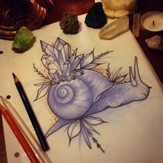 a drawing of a snail with crystals on it