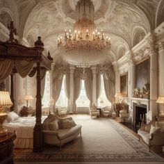 an ornate bedroom with chandelier, bed and couches in the middle of it