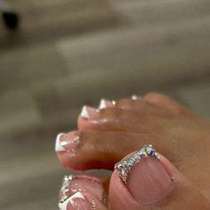 Acrylic Pedicure Ideas, Birthday Toes Nails Design, French Tip Toes With Gems, Rhinestone French Tip Toes, Bride Toe Nails, Red French Toe Nails, Nail Feet Design, Diamond Toes Nails, Pedicure Set Up