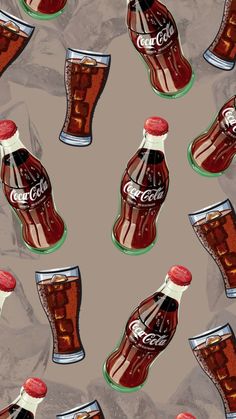 an image of coca colas and glasses on a gray background with ice cubes