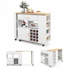 three different views of a kitchen island with drawers and shelves on each side, including an open shelf