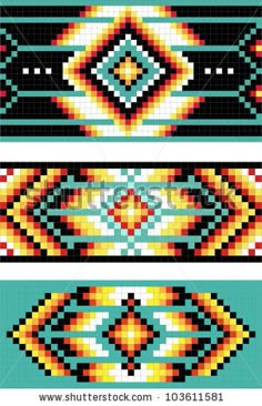 three rows of beaded designs with different colors and patterns on each row, one in the