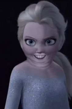 an animated doll with blonde hair and blue eyes is smiling at the camera while standing in front of a black background