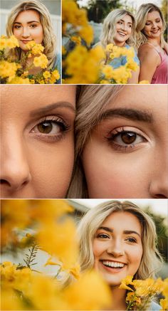 four different pictures of two women with flowers in front of them and the same woman's face