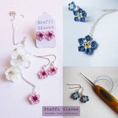 four different pictures with flowers on them, including scissors and jewelry pieces that are made from crochet