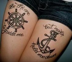 Such a cool idea for a tattoo! Add it to the list :) Anchor Thigh Tattoo, Temple Ideas, Tato Tradisional, Wheel Tattoo, Sailor Tattoos, Good Tattoo Quotes, Anchor Tattoo Design, Girls With Tattoos