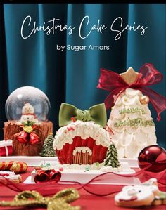 christmas cake series by sugar favors with snow globes in the background and holiday decorations