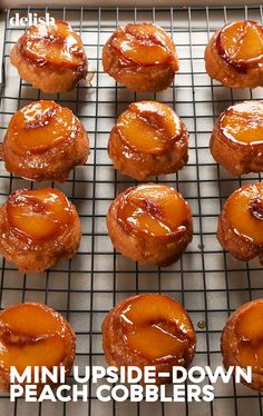 mini upside down peach cobblers on a cooling rack