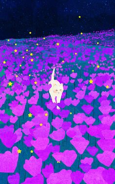 a white dog standing in the middle of a field full of purple flowers and stars