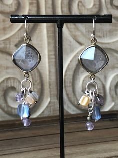 "FROSTED GLASS ~ Beautiful Etched Stone Wrapped in Brass with Shell & Amethyst Bead Dangle Accents ~ 2 1/2\" Long ~ .925 Sterling Silver ~ New Condition Display Item" Nickel-free Purple Glass Jewelry, Purple Glass Dangle Earrings, Bohemian Silver Glass Earrings, Silver Dangling Beads Glass Earrings, Silver Glass Earrings With Dangling Beads, Silver Earrings With Dangling Glass Beads, Silver Link Bracelet, Silpada Jewelry, Stone Wrapping