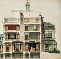 an architectural drawing of a building with many windows and balconies on the second floor