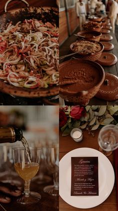 a collage of photos with food and wine on the table in front of them